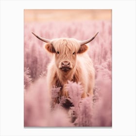 Pastel Pink Portrait Of Highland Cow In The Grass 1 Canvas Print