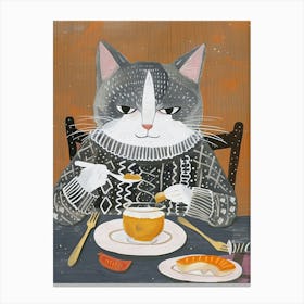 Grey And White Cat Having Breakfast Folk Illustration 1 Canvas Print