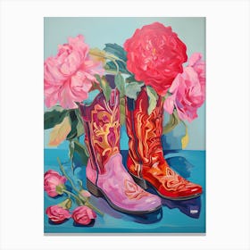 Oil Painting Of Hydrangea Flowers And Cowboy Boots, Oil Style 4 Canvas Print