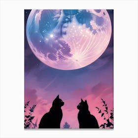 Two Black Cats Silhouetted Under A Large Pink Moon Canvas Print