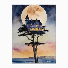 Treehouse ~ Witches Watercolor Mansion Full Moon Witchy Spiritual Pagan Artwork, By The Sea, Manifesting Fairytale Canvas Print