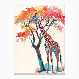 Giraffe Under The Acacia Tree Watercolour 2 Canvas Print