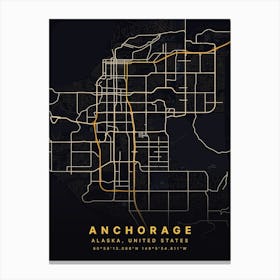 Anchorage Alaska USA Black And Gold Map Canvas Print