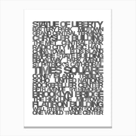 New York Place Names Typography Bw Canvas Print