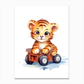 Baby Tiger On A Toy Car, Watercolour Nursery 2 Canvas Print
