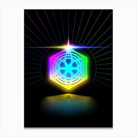 Neon Geometric Glyph in Candy Blue and Pink with Rainbow Sparkle on Black n.0393 Canvas Print