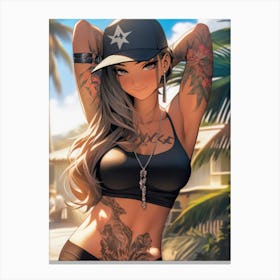 Manga's finest: meet an anime girl at the beach who's both sexy and cute, provocatively beautiful showing her tattoos. Canvas Print