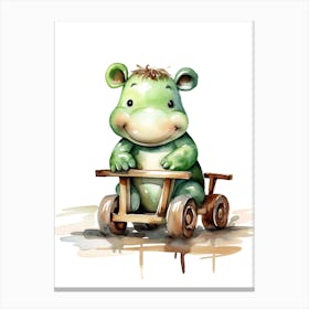 Baby Hippopotamus On Toy Car, Watercolour Nursery 2 Canvas Print