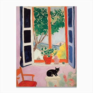 Open Window Orange With A Black Cat Canvas Print