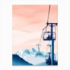 Silhouette Ski Chair Lift Pink Sky Evening High Piste Misaligned Canvas Print