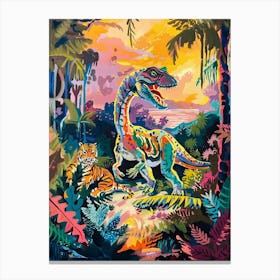 Colourful Tiger & Dinosaur In The Jungle Painting Canvas Print