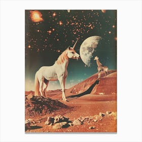 Unicorn & Giraffe In Space Retro Collage Canvas Print