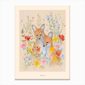 Folksy Floral Animal Drawing Jackal Poster Canvas Print