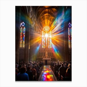 Cathedral Bathed In The Ethereal Glow Of Sunrise During Sunday Worship Congregants In Vibrant Attir (1) Canvas Print