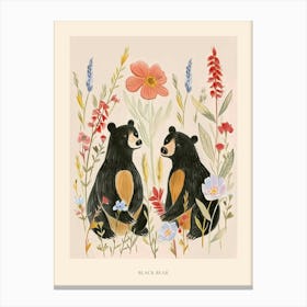 Folksy Floral Animal Drawing Black Bear Poster Canvas Print
