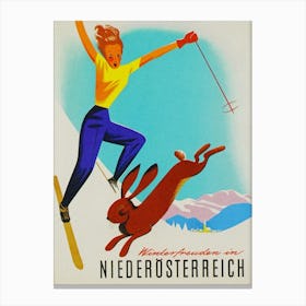Woman Skier and Rabbit Vintage Ski Poster Canvas Print