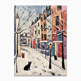 Cat In The Streets Of Matisse Style London With Snow 3 Canvas Print
