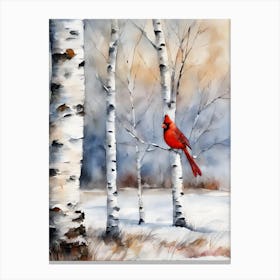 Birch Trees with Cardinal Canvas Print