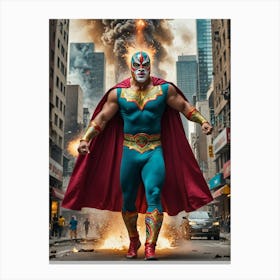 Giant Luchador Wrecks Chaos Through City Streets Canvas Print