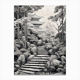 Koya San In Wakayama, Ukiyo E Black And White Line Art Drawing 4 Canvas Print