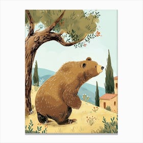 Brown Bear Scratching Its Back Against A Tree Storybook Illustration 1 Canvas Print