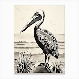 B&W Bird Linocut Brown Pelican Canvas Print