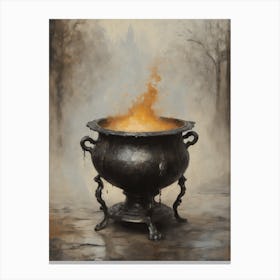 Cast Iron Cauldron Gloomy Moody Art | Neutral Witchcore Gothic Wall Decor | Halloween Witchy All Year Feature Wall | Ornate Witches Lion Foot Cauldron for Spellwork in HD Canvas Print