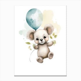 Baby Koala Flying With Ballons, Watercolour Nursery Art 3 Canvas Print