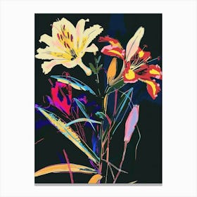 Neon Flowers On Black Bouquet 5 Canvas Print