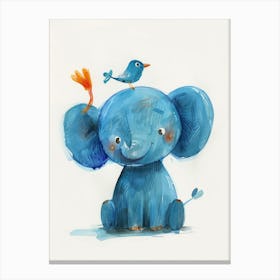 Small Joyful Elephant With A Bird On Its Head 12 Canvas Print
