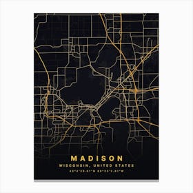 Madison Wisconsin USA Black And Gold Map Canvas Print