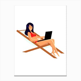 Woman Using Laptop In Beach Chair Canvas Print