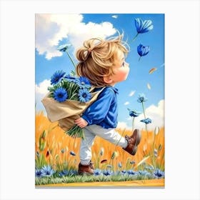 Little Girl With Blue Flowers Canvas Print