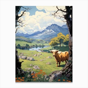 Highland Cow In The Distance With A Pictureque Valley Canvas Print