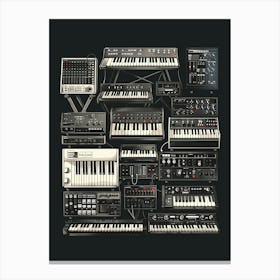 Illustration Of A Lot Of Analog Synths In Front And Cenital View In The Style Of Postage Stamp, Black Background, Minimalistic, Vector Canvas Print