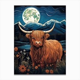 Digital Painting Of Highland Cow In The Moonlight 1 Canvas Print