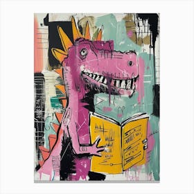 Dinosaur Reading A Book Pink Blue Graffiti Brushstroke 1 Canvas Print