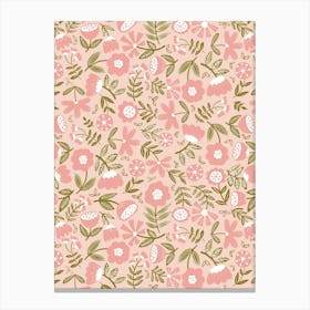 Cute Soft Scattered Scandi Florals Peach, Pink, Moss Green Canvas Print