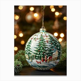 Porcelain Christmas Ball Caught In A Beam Of Soft Holiday Warmth Nestled Among Tinsel Laden Green Canvas Print