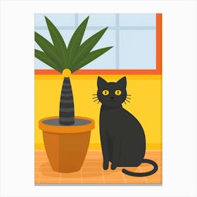 Black Cat With Potted Plant Canvas Print