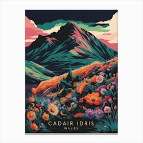 Stylized Landscape Art: Vibrant illustration of Cadair Idris with colorful wildflowers and bold geometric shapes. Perfect for nature-inspired decor. Canvas Print