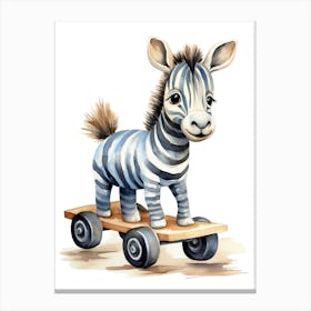Baby Zebra On A Toy Car, Watercolour Nursery 3 Canvas Print