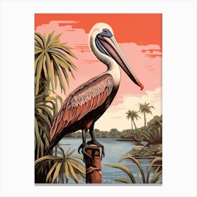 Vintage Bird Linocut Brown Pelican 2 Canvas Print