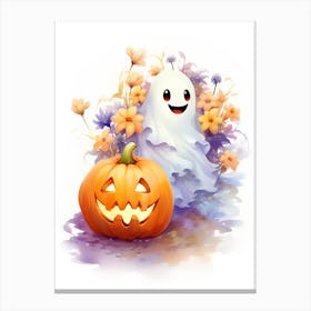 Cute Ghost With Pumpkins Halloween Watercolour 79 Canvas Print