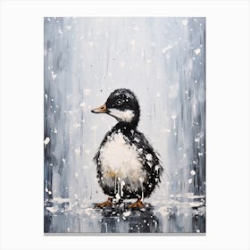 Black Feathered Duckling In A Snow Scene 2 Canvas Print