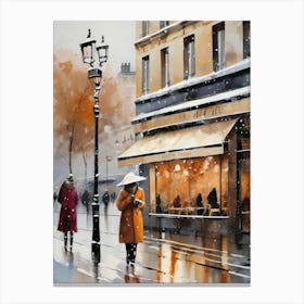 Paris cafes, winter season, Christmas, autumn oil colors, pale colors, pedestrians in the street, winter clothes, falling snow.3 1 Canvas Print