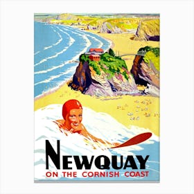 Surfing Woman On Newquay, Britain, Vintage Travel Poster Canvas Print