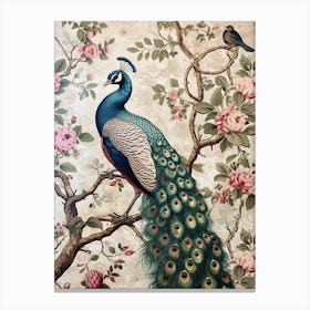 Vintage Floral Peacock Wallpaper Inspired With Another Bird Canvas Print