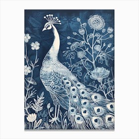 Navy & Cream Linocut Inspired Peacock In The Plants 1 Canvas Print