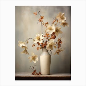 Columbine, Autumn Fall Flowers Sitting In A White Vase, Farmhouse Style 4 Canvas Print